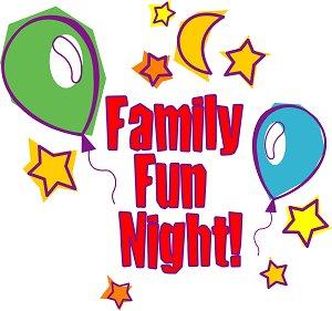 Balloons, stars and moon with the words Family Fun Night!