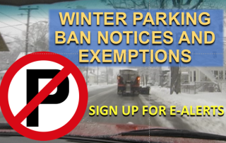 picture shows non parking sign symbol and the text "winter parking ban notices and exemptions" with picture of snow plow in back