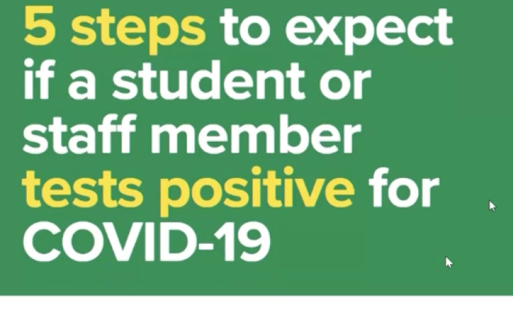school dept. slide reads "5 steps to expect if a student of staff member tests positive for COVID-19"
